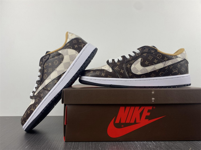 travis scott x nike air jordan 1 low og lv monogram brown damier dm7866-216